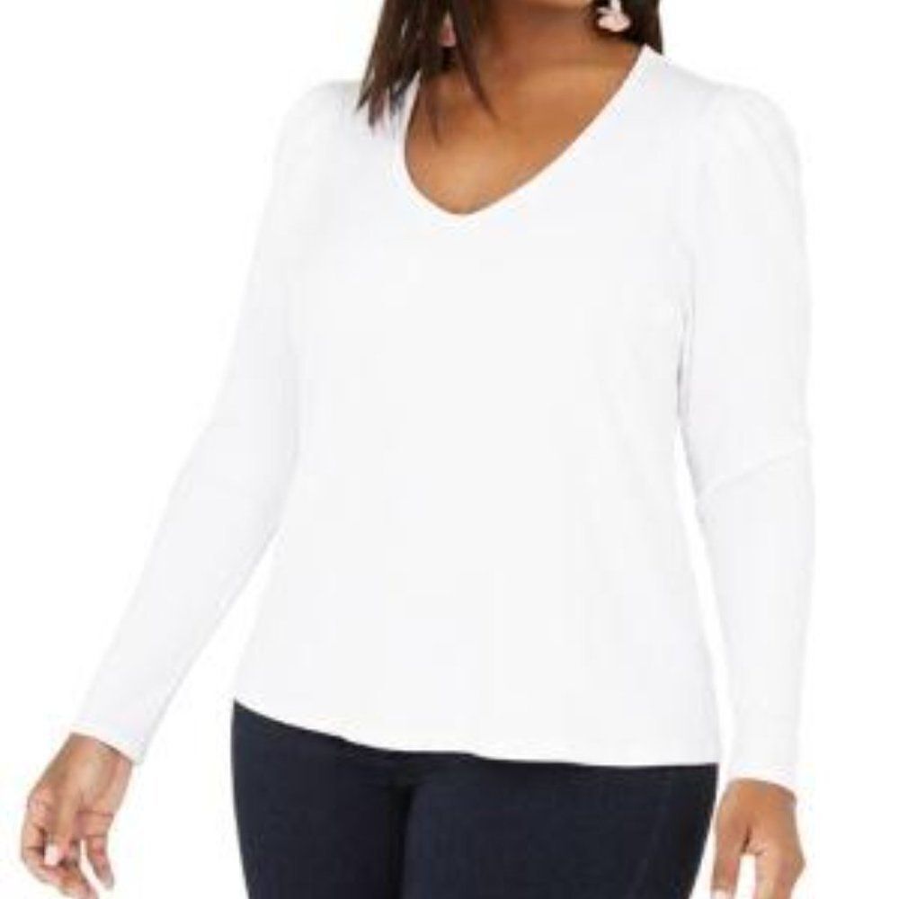 Inc Plus Size Ribbed-Knit Puff-Sleeve Top Size 4X White Stretch Fit